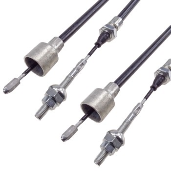 Vooraanzicht van 2 x Bowdenkabel remkabel – zwart en zilver met metalen behuizing en verstelbare bevestigingen.