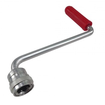 Sivusta näkyvä vaihto käsikampi – punainen kumikahva ja metallivarsi Alkon vintturille.