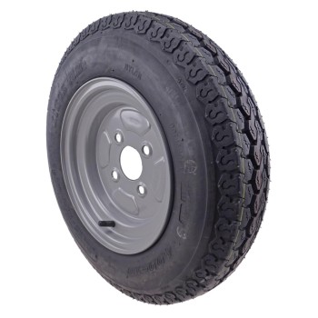 Zijaanzicht van een 10 inch wiel – zwarte band met profiel en 4 boutgaten, geschikt voor autoaanhangwagen.