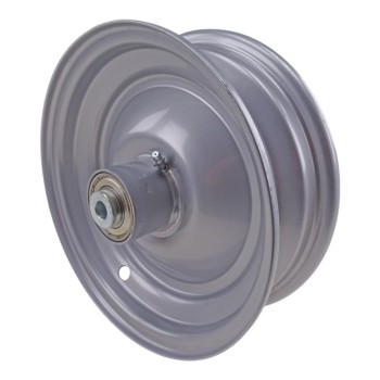 Zijaanzicht van een grijze Velg 2.50 x 8 – met Westfalia-naaf en enkele montageopening op een witte achtergrond.