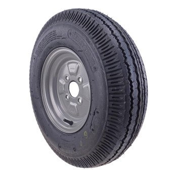 Vista laterale – cerchio completo 5.20-10 con pneumatico 3.50 x 10 e attacco a 4 fori, colori nero e argento.