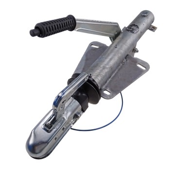 Gancio di traino adatto per Peitz – vista angolata con leva del freno a mano sollevata e supporti di montaggio neri.