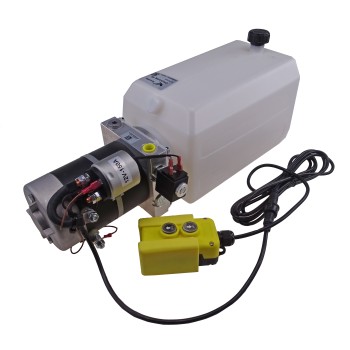 Hydraulic unit 12V 8 litre tank – angled view showing white tank and black hydraulic motor with switch box.