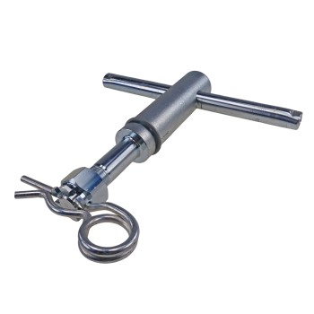 Ganascia di bloccaggio Peitz AEV M20x1,5 – acciaio zincato, regolabile in altezza, con maniglia a T nera e finitura argento.