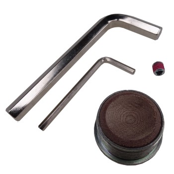 Friction lining – top view showing a circular friction pad, silver and brown colors, with hex keys and a small red component.