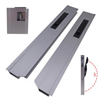 Set of 2 aluminium drop side locks – front view showing gray powder-coated steel handle and 180° opening feature.