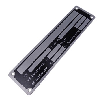 Plaque signalétique neutre en aluminium – dimensions 148 x 38 mm avec 4 trous de montage et texte pour remorques jusqu'à 2...