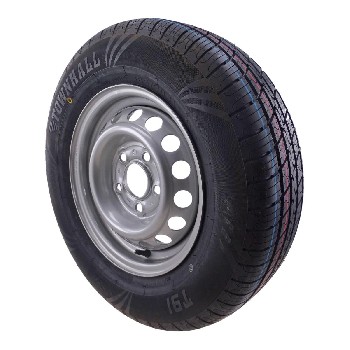 Viistosta näkymä – musta 185/70 R13 rengas 4,5Jx13 vanteella ja 5-pulttisella kiinnityksellä.