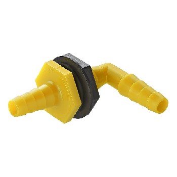 Tankdurchführung mit gewinkelter Schlauchtülle – gelb und schwarz, hexagonale Basis, auf weißem Hintergrund.