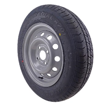 Roue complète en angle – pneu 145/80 R13 et jante 4J x 13 avec 4 trous – couleur noire et argentée.
