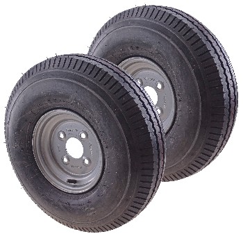 Set of 2 5.00-8 complete wheel rim – front view showing black tire and silver rim with 4x100 bolt pattern.