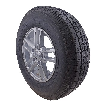 Vinkelvy av 195 R14C hjul med aluminiumfälg 5.5Jx14 ET30 – svart däck och silverfälg för släp.