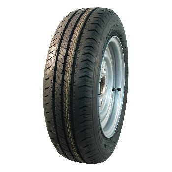 Zijaanzicht van een 185/60 R12C 104N wiel – zwarte band met een zilveren 5.5J x 12 velg en ET30.