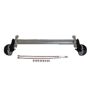 Zijaanzicht van de Alko-aanhangwagenas met remmen – rubberen bellows en remhevel naar beneden, gemonteerd met 2 gaten.