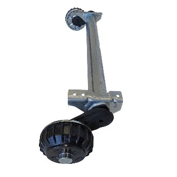 Detaljvy av Alko släpvagnsaxel med broms – bromsaktiverare med knapp och monteringsplatta med 2 hål.