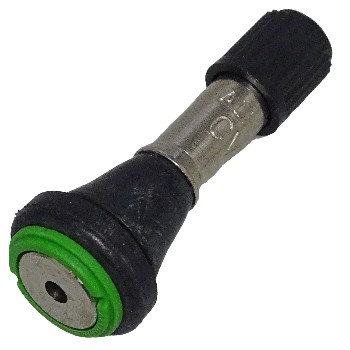 Détail de la valve CVV40 – corps en métal avec capuchon plastique noir et anneau vert sur fond blanc.