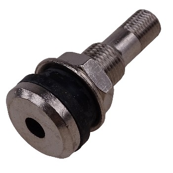 Venttiili TR416 – mustalla muovihatulla ja metallirungolla, yksinkertainen reikä, valkoinen tausta.