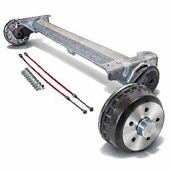 Alko trailer axle Compact – side view showing braked axle, 5x112 bolt pattern, and galvanized finish.