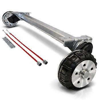 Alko påhængsvognsaksel Compact – bremset 1500 kg med 5x112 bolt mønster og 1000 mm støtte længde, set fra siden.