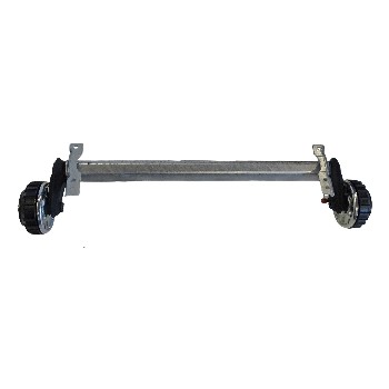 Alko påhængsvognsaksel Compact – bremset, 1500 kg, 5x112 bolt mønster, 1000 mm støtte, sølv og sort finish.