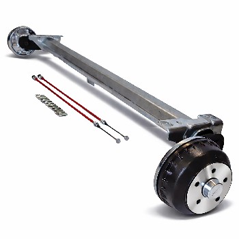 Alko Anhängerachse Compact – Seitenansicht mit gebremster Achse, 5x112 Lochmuster und 1300mm Auflage in Silber.