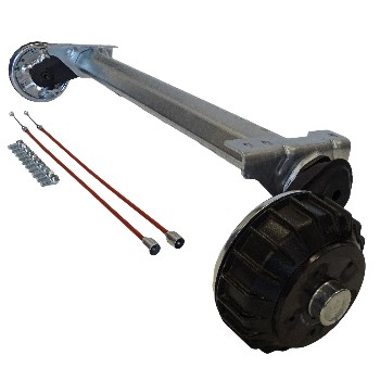 Alko Anhängerachse Compact gebremst 1500kg B1600-3 – Seitenansicht mit silberner, verzinkter Oberfläche und roten Kabeln.