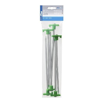 Tent pegs 25 cm metal – front view showing six silver pegs with green plastic hooks in a poly bag.