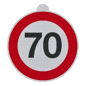Vooraanzicht van een Snelheidssticker 70 – ronde reflecterende sticker in rood en wit, Ø 20 cm.