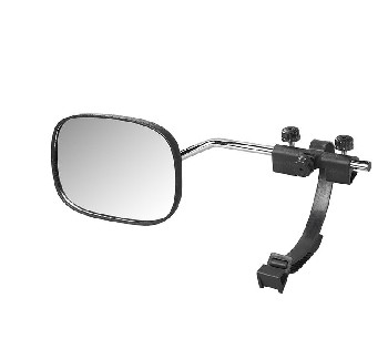 Zijaanzicht van de Caravanspiegel vlakglas – zwart met verstelbare arm en vlakglas voor een natuurlijke weergave.