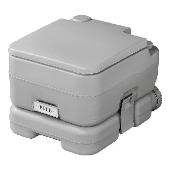WC chimico portatile da campeggio 10L – design compatto grigio con pompa di risciacquo e serbatoi separati.