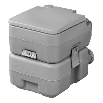 WC da campeggio portatile grigio – vista frontale con pompa di scarico e altezza seduta di 42 cm.
