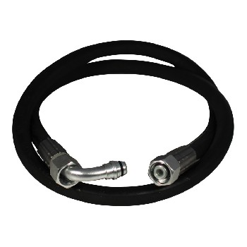 Voor aanzicht van een hydrauliekslang 3/8" – 1200 mm met 90° haakse en rechte M18x1,5 aansluitingen in zwart en zilver.