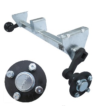 Restposten Schlegl 750kg Anhänger Achse – Frontansicht mit silberner, feuerverzinkter Oberfläche und 4x100 Lochmuster.