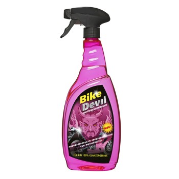 Bouteille de nettoyant pour moto Bike Devil – pulvérisateur ergonomique rose et noir avec étiquette graphique.