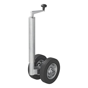Voor aanhanger – dubbel steunwiel met massief rubberen banden van 200 x 50mm en een diameter van 48mm.