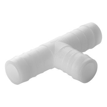 T-formet slangekobling i hvid – glat overflade med ribbede sektioner for bedre greb.
