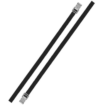 Bovenaanzicht van een set van 2 zwarte spanbanden – met metalen gesp en 200 cm lengte.
