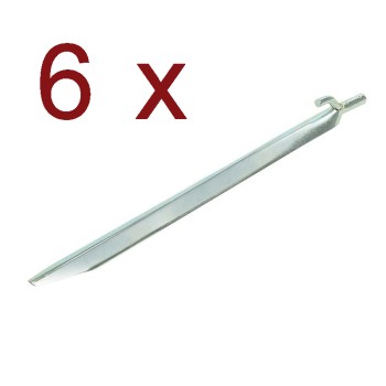 Zij aanzicht van 6 x tentharingen 30cm – gegalvaniseerd staal met haken in zilverkleur.