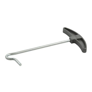 Herring Puller – front view showing a silver galvanized T-handle with a hooked end and black ergonomic grip.