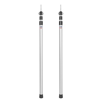 Telescopische aluminium tentstokken – verstelbare lengte van 93-230cm – met rubberen punten in zilver en zwart.