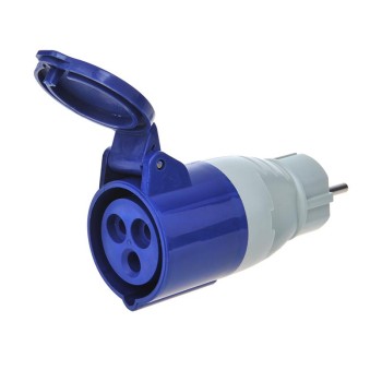 CEE-adapter – blå og grå CEE-kobling med 3-pins stik og beskyttelseshætte, set fra siden.