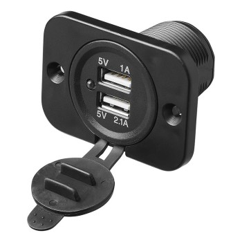 Dubbel inbyggd USB-uttag – svart med två portar för 12V/24V och indikatorlampa, frontvy.