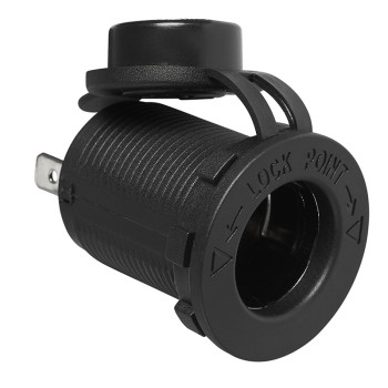 Ingebouwd stopcontact 12V/24V max 10A – zwart met ribbelstructuur en vergrendelmechanisme.