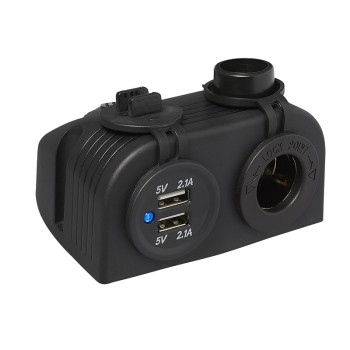 Assembly kit: socket + USB double socket – angled view showing two black USB ports for 12V/24V charging.