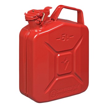 Bidon d'essence 5L en métal rouge – vue de côté avec marquage UN et poignée en haut.