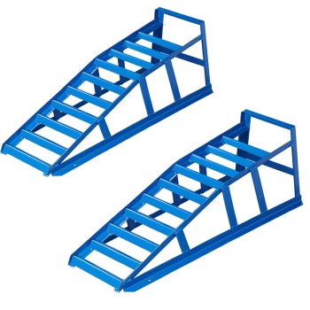 Vooraanzicht van twee blauwe oprijplaten – met oprijbeveiliging en een laadvermogen van 2500 kg.