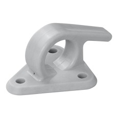 Gancio per teloni a tre fori in plastica – occhiello grigio con base triangolare e due fori di montaggio.