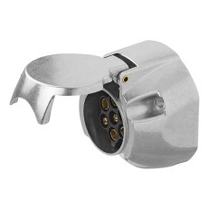 Zijaanzicht van een 7-polige stekkerdoos – aluminium behuizing in zilver en zwart met uitschakelcontact.