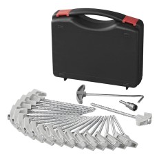 Tent peg set – top view showing metal screws, plastic hooks, and a black carrying case on a plain white background.
