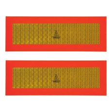 Vooraanzicht – set van 2 waarschuwingsbordstickers ECE 70 met reflecterend oppervlak en hexagonaal patroon in rood en geel.